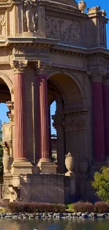 Majestic palace with columns by a serene lake.