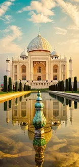 Elegant palace with reflecting pool at sunset.