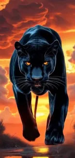 Majestic black panther prowling against a vibrant sunset landscape.