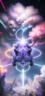 Mystical panther in vibrant fantasy cloudscape wallpaper.