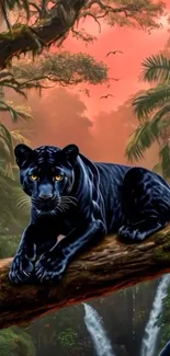 Black panther resting on a branch in a lush jungle at sunset with a waterfall backdrop.