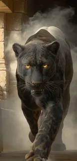 Black panther prowling in shadowy stone corridor.