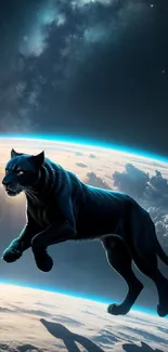 A majestic panther walking in space with a cosmic background.