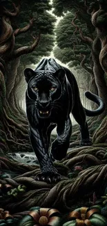 Black panther prowling through a lush jungle scene.