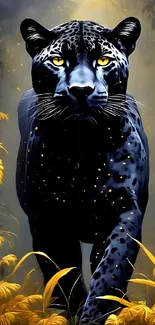 Majestic panther walking in a golden jungle.