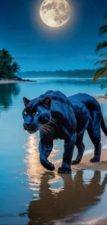 Panther walking on moonlit tropical beach under full moon.