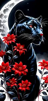 Black panther with red flowers under a moonlit sky.