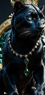 Majestic panther with a crown and jewels in a regal setting.