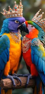 Two colorful parrots with crowns sitting closely, showing vibrant feathers.