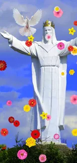 White statue with flowers and dove against blue sky.