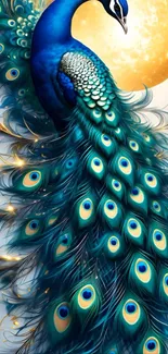 Majestic peacock with vibrant feathers and glowing moon.