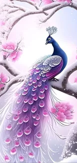 Elegant peacock perched on a snowy branch amid pink blossoms.