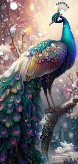 Beautiful peacock in magical forest wallpaper, vibrant colors.