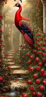 A vibrant peacock perched among red roses and stone pillars.