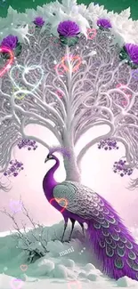 Majestic peacock beneath snowy tree with purple accents in serene wallpaper.