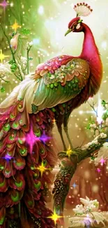 Vibrant peacock with colorful feathers in a natural setting.