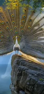 A majestic peacock displays its vibrant feathers atop a rocky ledge.