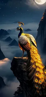 Peacock perched on a cliff under the moonlight with a scenic background.