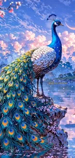 Majestic peacock standing by water under the moonlight with floral landscape.