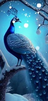 Stunning peacock on snowy branch with vibrant blue feathers in winter scene.