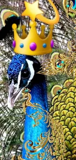 Majestic peacock with a golden crown amid vibrant feathers.