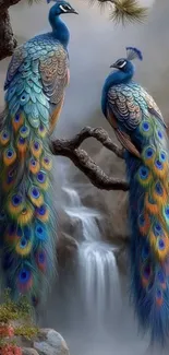 Two vibrant peacocks perched by a waterfall.