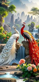 Majestic peacocks with vibrant flowers and waterfalls.