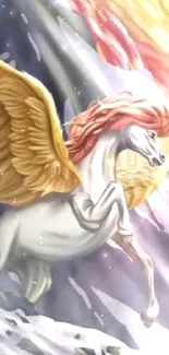 Pegasus with golden wings in bright fantasy art.