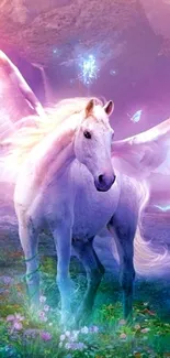 Winged white Pegasus in dreamy fantasy landscape.