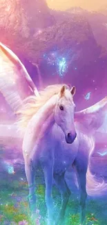 Purple-toned fantasy pegasus with wings in a mystical field.