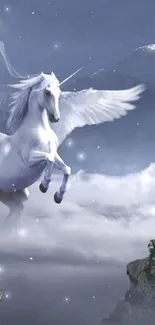 Majestic pegasus flying over clouds and rocky landscape.