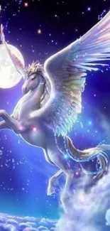 Pegasus soaring through a starry night sky with a glowing moon.