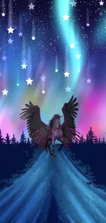 Pegasus under vibrant northern lights sky with mystical aura.