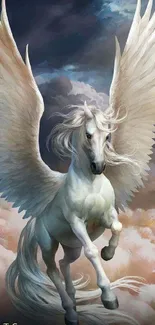 Majestic white Pegasus flying amidst clouds.