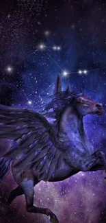 Mystical Pegasus flies through a starry galaxy night.