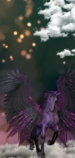 Purple Pegasus with wings spread amidst clouds and bokeh lights.