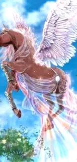 Majestic Pegasus with wings soaring through a blue sky, surrounded by clouds.