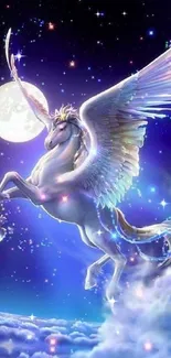 Fantasy wallpaper featuring Pegasus in a starry night sky.