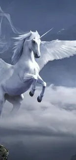 Majestic Pegasus soaring through mystical cloudy skies.