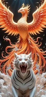 Majestic phoenix and tiger mobile wallpaper.