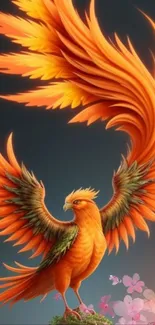 Vibrant phoenix with orange feathers in an elegant artwork wallpaper.