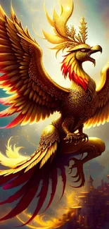 A majestic phoenix soaring with fiery wings in a fantasy scene.