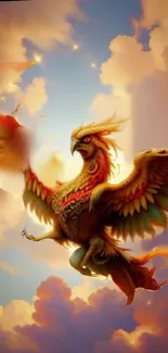 Majestic phoenix soaring amidst golden clouds.