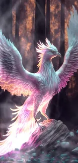 Majestic phoenix with wings spread wide in an enchanted forest setting.