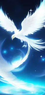 A radiant white phoenix soars in a starry night sky, exuding ethereal beauty.