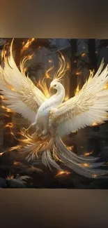 Ethereal phoenix with golden feathers and flames on a dark background.