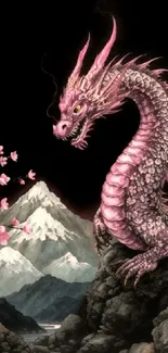 A pink dragon with mountains and cherry blossoms in the background.