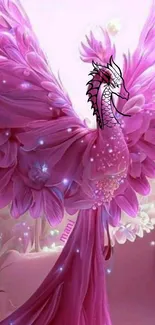 A vibrant pink dragon with feathered wings amidst an ethereal background.