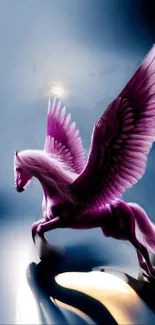 Purple pegasus with wings in dreamy fantasy setting.