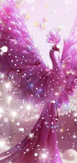 Majestic pink phoenix with sparkling stars in a fantasy setting.